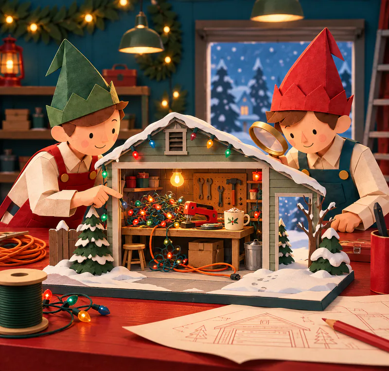 Two paper elves inspect a miniature snowy garage with a magnifying glass. Tangled Christmas lights, an orange cable, a red staple gun and a mug crowd its workbench.