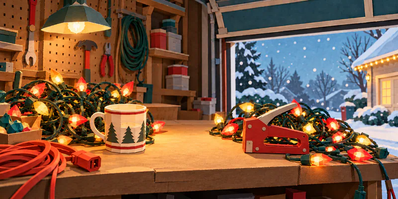 A paper garage workbench holds tangled glowing Christmas lights, extension leads, a mug and a red staple gun, with snow beyond the open door.