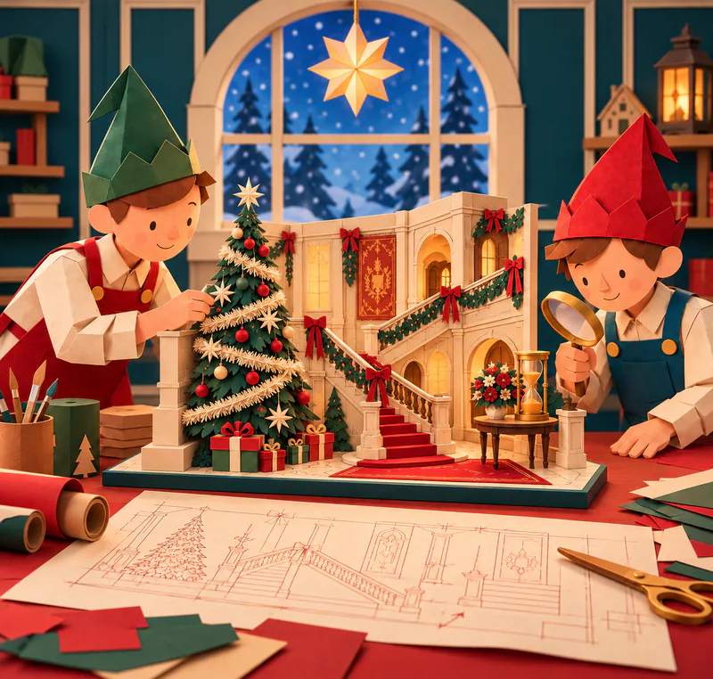 Two paper elves inspect a miniature grand staircase, decorated fir and side-table hourglass, with drawn plans spread across their workbench.