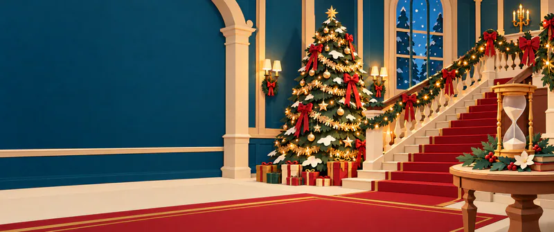 A tall decorated paper fir glows beside a grand staircase with a red runner, while an amber-framed hourglass stands on a side table.