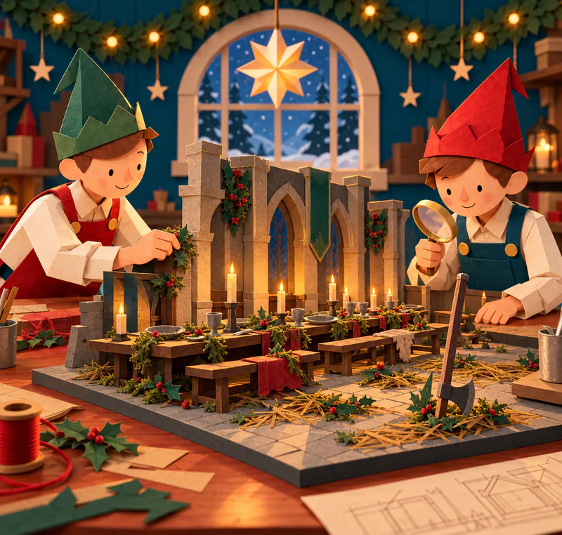 Two paper elves inspect a miniature stone hall, with a candlelit table, mossy plates, holly and an axe among rushes on the floor.