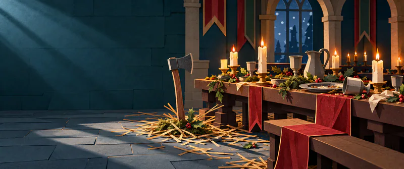 A plain paper axe stands in rushes beside a deserted candlelit feast table, with moss, holly and grey plates in a shadowed stone hall.