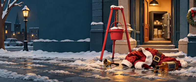 A collection kettle, fallen brass bell, discarded red suit and uncapped amber bottle stand outside a glowing open safe on a snowy city pavement.