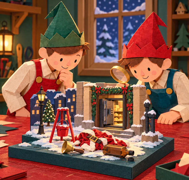 Two paper elves study a tabletop street model with a red collection kettle, fallen bell, discarded coat and amber bottle before an open glowing safe.