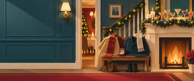 Two coats and scarves rest on a bench beside an open ring box, with boots below and cocktail glasses above a garlanded paper fireplace.