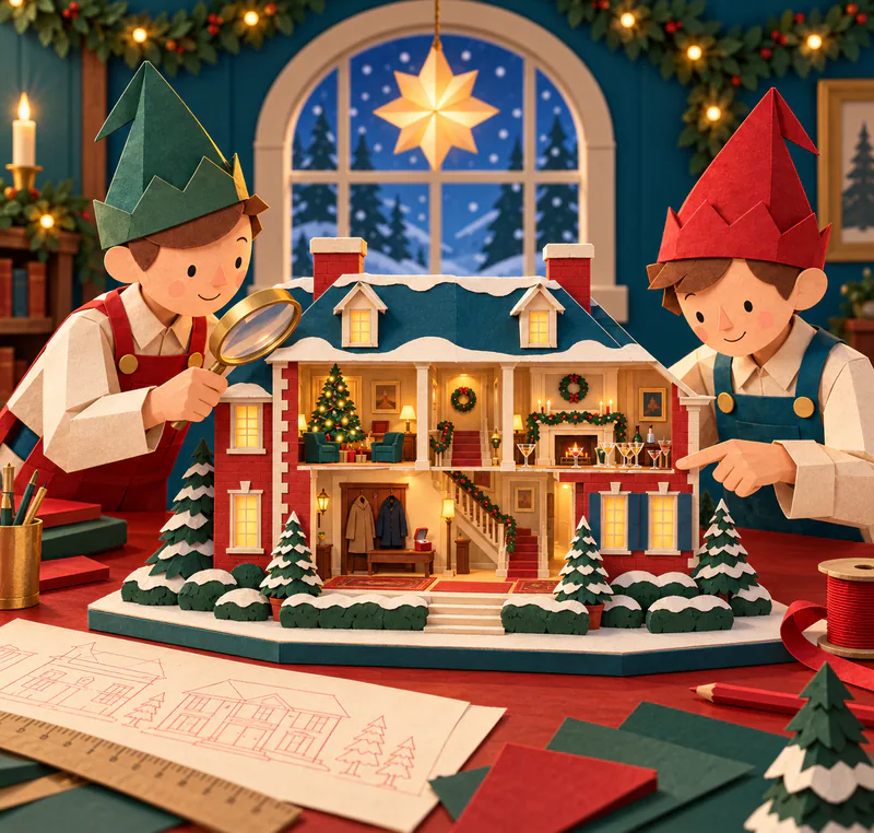 Two paper elves inspect a lit cutaway brick house with a Christmas tree, cocktail glasses, hallway coats and a tiny ring box on a bench.