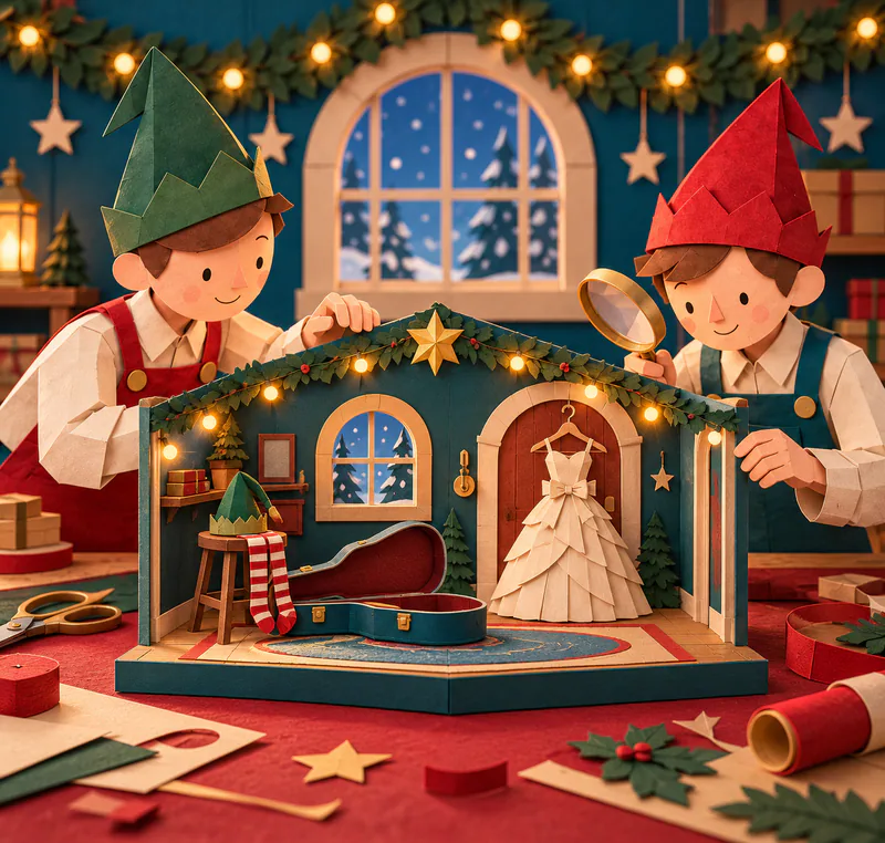 Two paper elves inspect a miniature grotto room containing a hanging ivory gown, open guitar case, green hat and striped stockings beneath tiny fairy lights.
