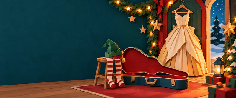 A green paper hat and striped stockings rest on a stool beside an open guitar case. An ivory gown hangs by a grotto door beneath warm fairy lights.