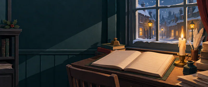 A single candle lights an open ledger on a dark clerk's desk, casting long shadows beside a frosted window overlooking snowy, glowing shopfronts.