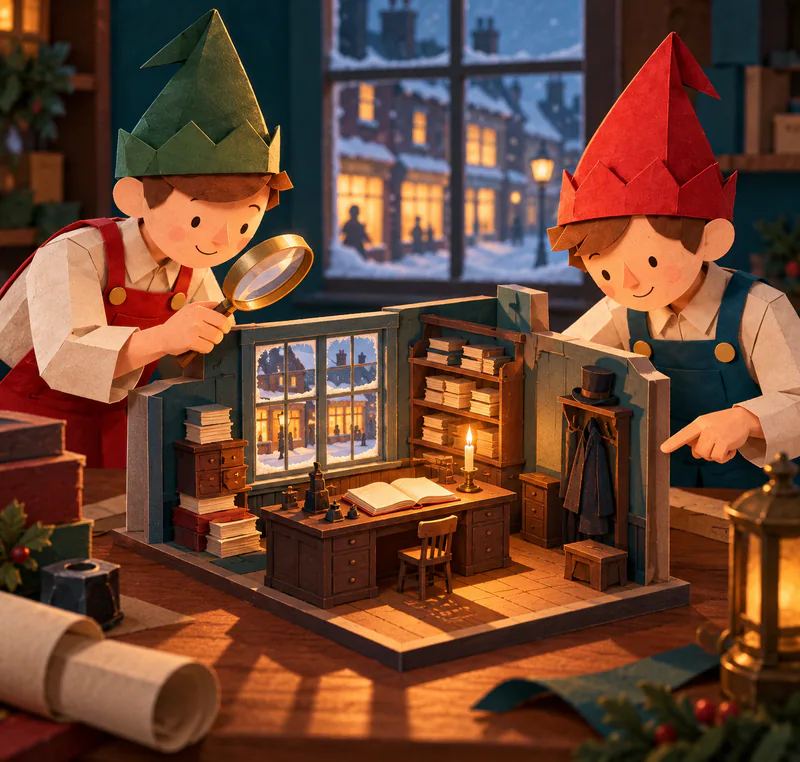 Two paper elves examine a miniature counting house with a candlelit ledger, stacks of books and a frosted window overlooking warm snowy shopfronts.