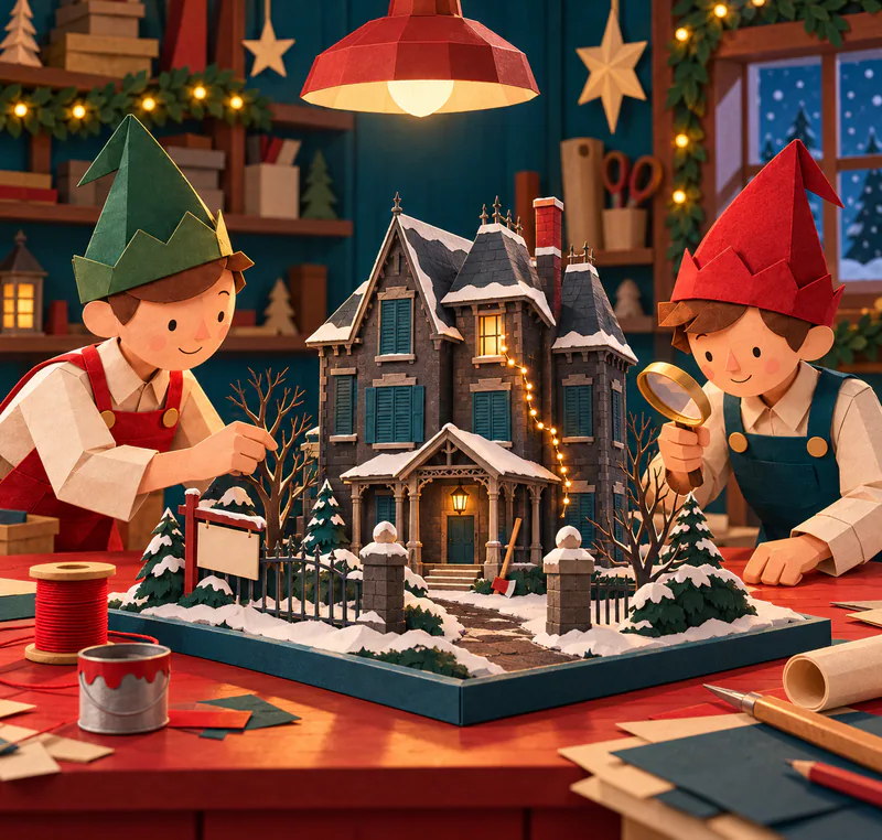 Two paper elves inspect a miniature dark mansion beneath a red lamp. Snow surrounds its gate, blank sign and porch, with amber lights trailing down the wall.