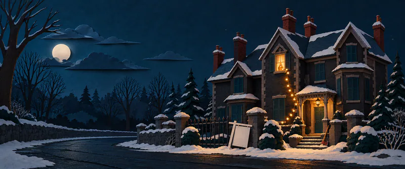 A dark paper mansion stands beside a moonlit lane, with closed shutters, a trailing string of amber lights, a blank sign at the gate and an axe beside the porch.