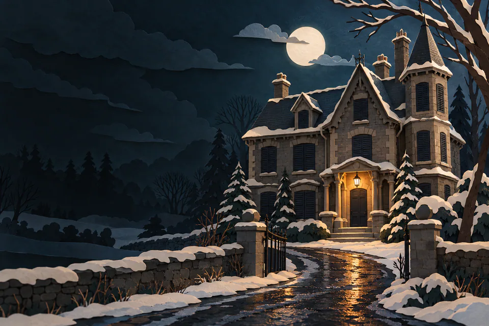 A shuttered paper Victorian mansion stands beyond snowy gates, with a single amber entrance lamp reflected along the dark wet lane.