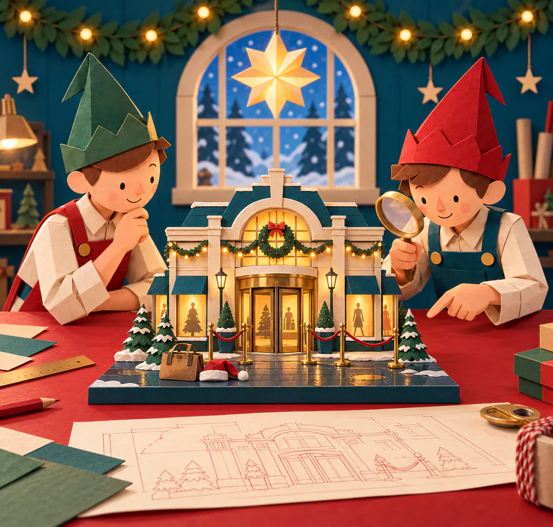 Two paper elves study a miniature department store with glowing windows and a revolving door. A small tan bag and folded red hat sit in front of its rope barrier.