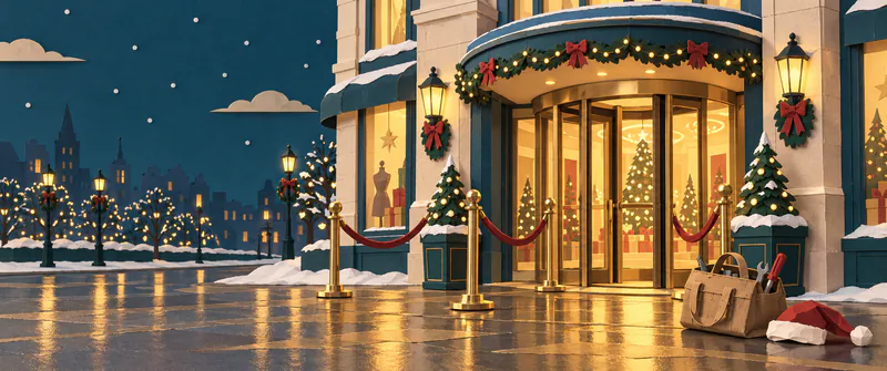 A department store glows behind a revolving door and red rope barriers on a snowy night. A tan tool bag and folded red Santa hat rest on the wet pavement.