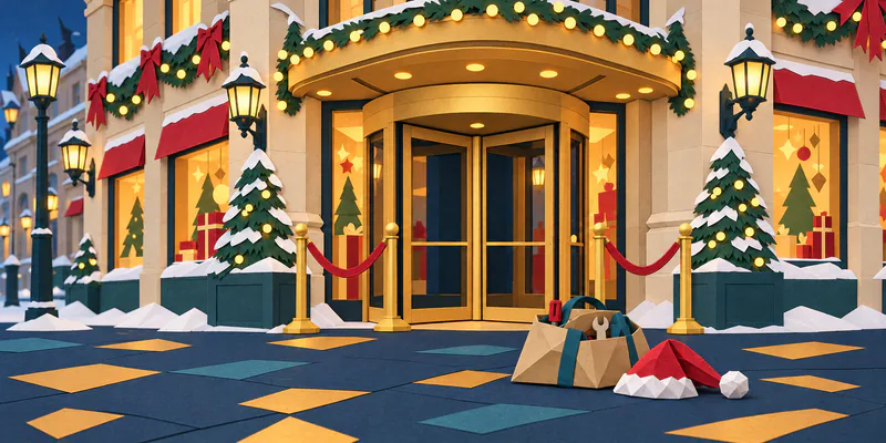 A tan paper tool bag and folded red Santa hat lie outside a brightly lit department store. Red ropes and gold stanchions flank its revolving door beneath festive garlands.