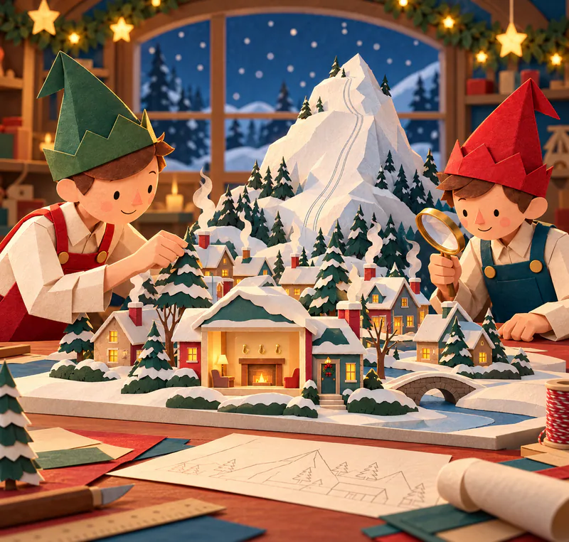 Two paper elves inspect a miniature snowy village with smoking chimneys and a mountain marked by twin tracks. A cutaway room shows a fire, an empty mantel and three bare hooks.