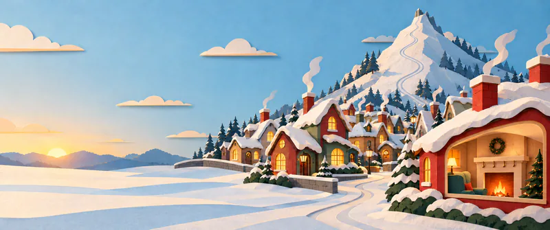 A snowy village wakes beneath a steep mountain marked by winding sledge tracks. Smoke rises from chimneys, and a warm front room has an empty mantel and bare hooks.