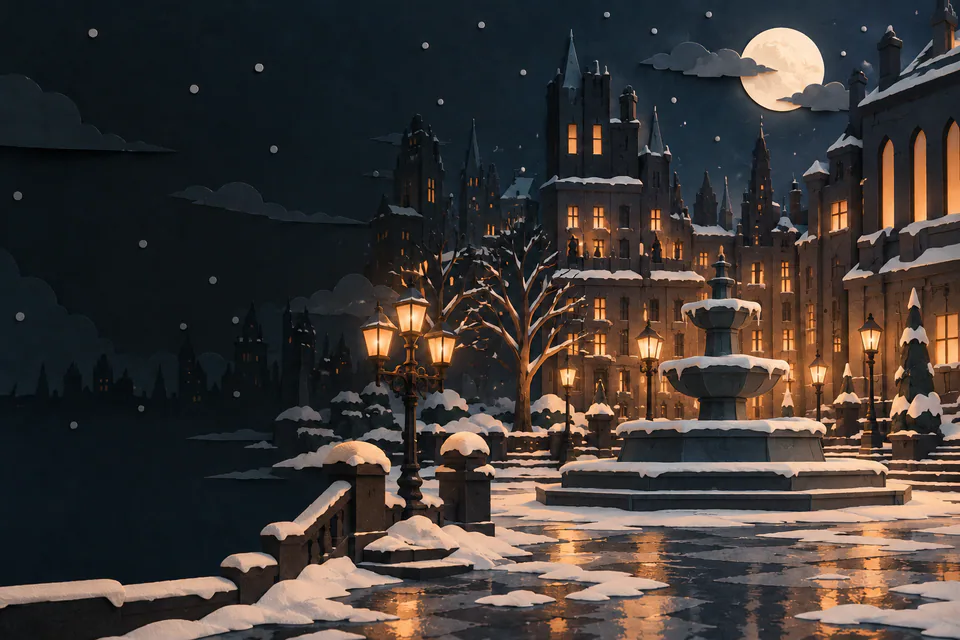 A tiered paper fountain stands frozen in a snowy gothic city plaza, surrounded by amber lamps and tall dark buildings beneath the moon.