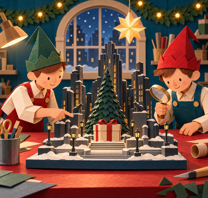 Two paper elves inspect a miniature snowy plaza with dark skyscrapers, an unlit evergreen and a cream present tied with a red bow.