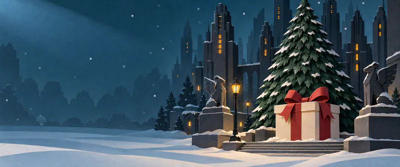 A cream present with a red bow waits beneath an unlit paper evergreen, flanked by stone statues and dark skyscrapers across a snowy plaza.