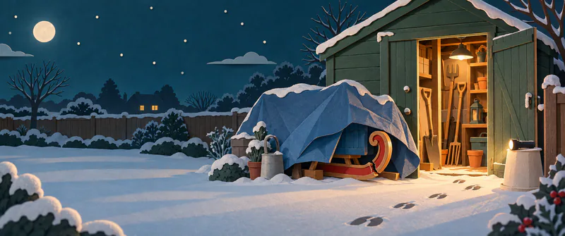 A damaged red sleigh runner protrudes from blue tarpaulin beside a warmly lit green shed, with hoof prints and a torch on an upturned bucket in the frost.