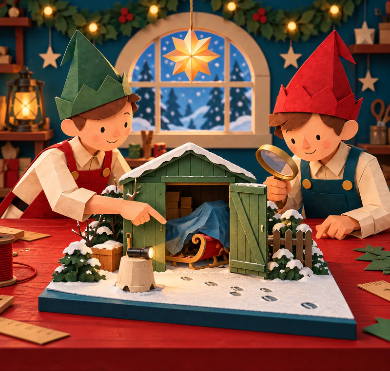 Two paper elves inspect a miniature green shed with a sleigh beneath blue tarpaulin, hoof prints in snow and a torch on an upturned bucket.