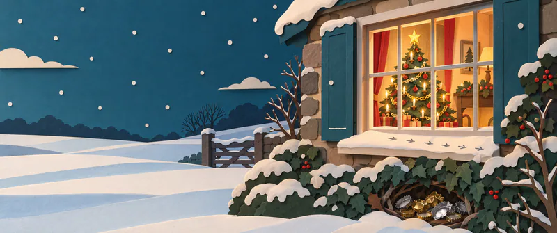 A glowing Christmas tree fills a snowy cottage window above tiny footprints and a hedge hollow of foil scraps and bottle tops, beside quiet snow-covered fields.
