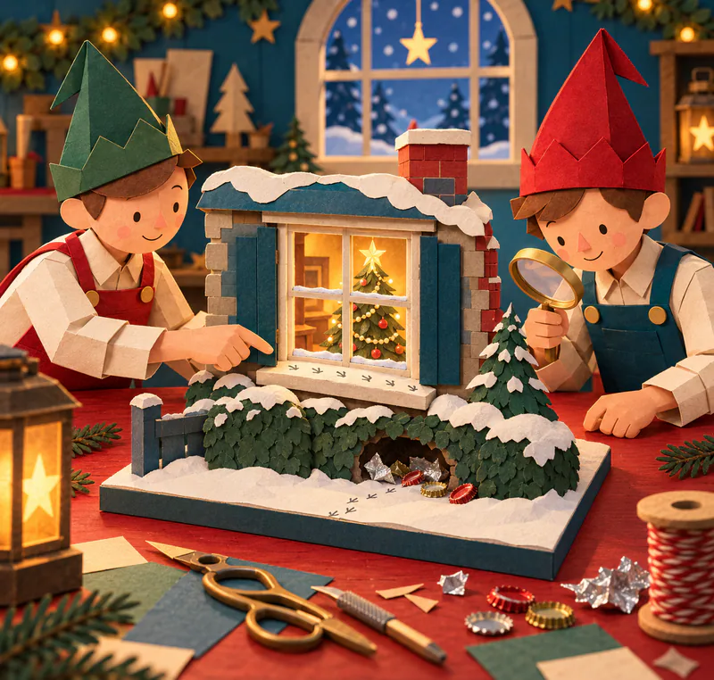 Two paper elves inspect a miniature glowing cottage window, tiny footprints and a snowy hedge hollow lined with foil scraps and bottle tops.