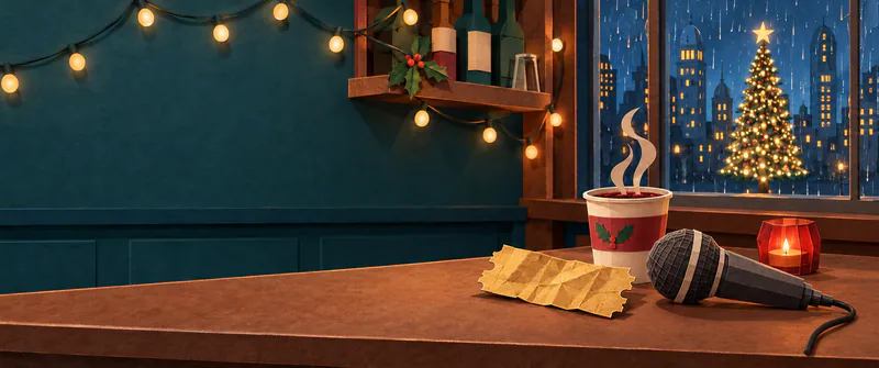A crumpled gold paper ticket, karaoke microphone and steaming cup sit on a bar counter beneath fairy lights, with a city Christmas tree through the window.