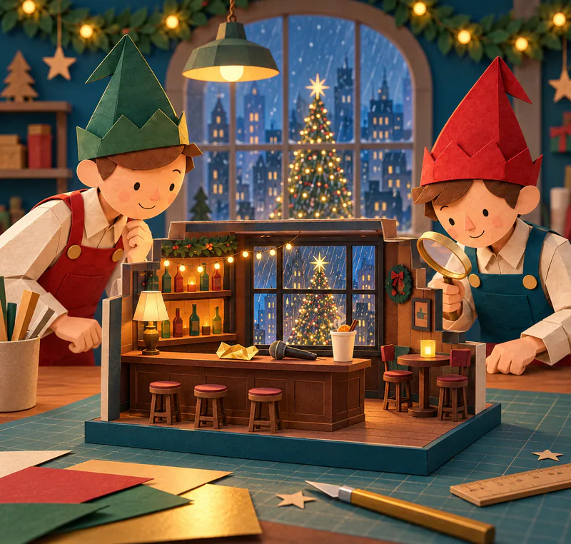 Two paper elves inspect an open-front miniature bar with a gold ticket, microphone and cup on its counter, and a lit city Christmas tree in the window.