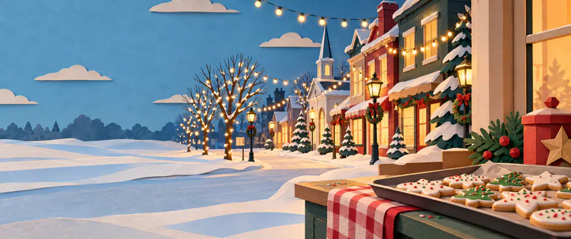 A quiet snow-covered street curves past glowing townhouses beneath strings of golden lights. A tray of iced tree and star biscuits rests on a counter in the foreground.