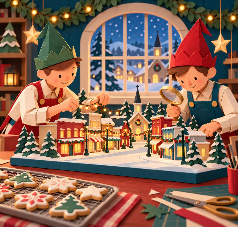Two paper elves inspect a miniature snowy town, adjusting string lights above glowing shops and a church. Iced biscuits cool on a tray at the front of the workbench.