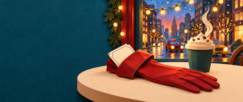 A red paper glove holds a blank ticket beside a steaming teal cup on a cream café counter. Fairy lights and evening traffic glow through the window, with quiet teal space at left.