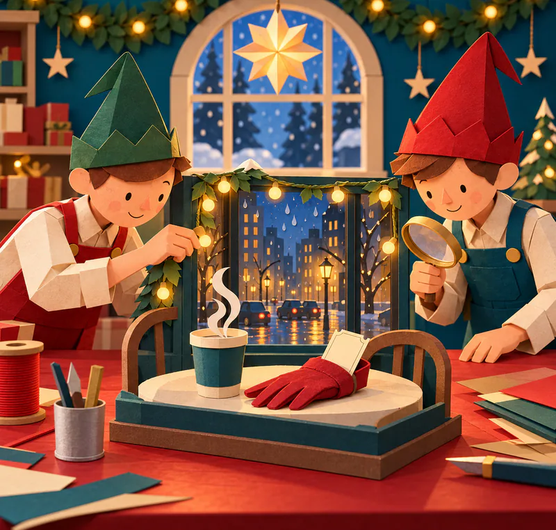 Two paper elves examine a miniature café scene with a steaming teal cup and a red glove holding a blank ticket. Warm lights frame the rainy city window behind the counter.