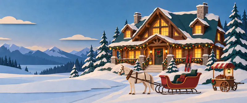 A glowing timber lodge overlooks snowy mountains, with red skis beside the porch, a horse and sleigh in the drive and a lantern-lit chestnut cart nearby.