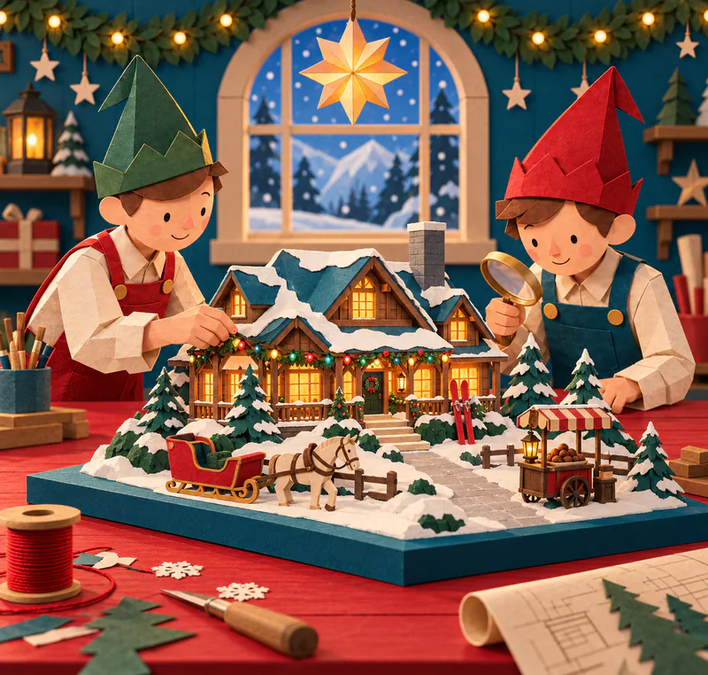Two paper elves study a miniature snowy lodge on a workbench, with glowing porch lights, red skis, a horse and sleigh and a lantern-lit chestnut cart.
