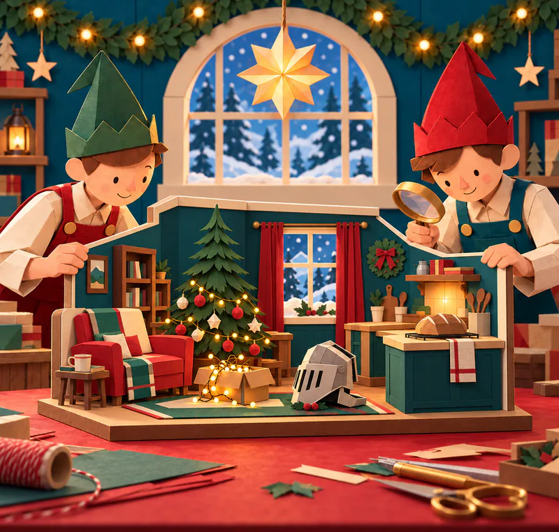 Two paper elves inspect a living-room miniature with a half-decorated fir, helmet, box of lights and a loaf on the kitchen counter.