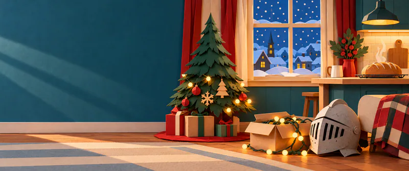 A grey paper helmet rests beside a box of glowing lights and a partly decorated fir, with a loaf on the counter and snow outside the window.