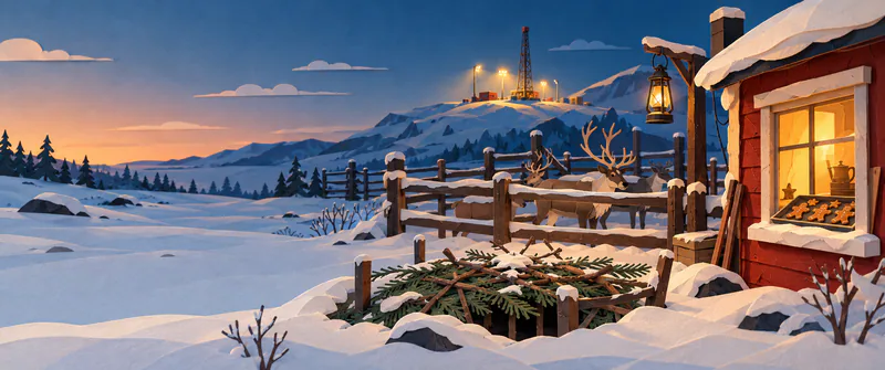 Snowy hills stretch towards a floodlit drilling rig at dusk. Beside a reindeer corral, branches cover a pit and biscuits rest in a warmly glowing cabin window.