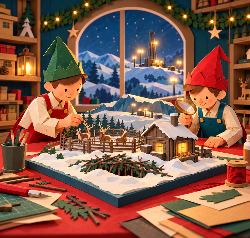 Two paper elves inspect a snowy model with a reindeer corral, glowing cabin and branch-covered pit. Floodlights illuminate a drilling rig beyond the workshop window.