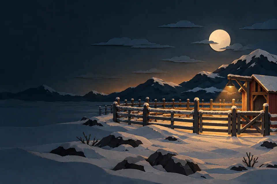An empty paper corral stands in deep snow beneath an amber lamp, with dark Arctic mountains and a pale moon beyond.