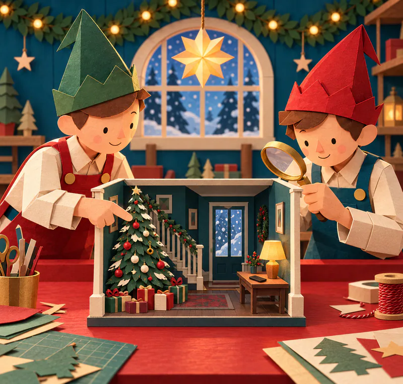 Two paper elves study a miniature teal hallway with a Christmas tree, gifts and a lamp-lit table, using a magnifying glass.