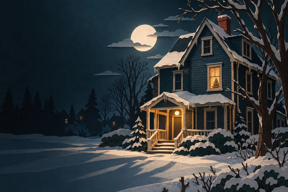 A tall dark paper house stands in deep snow, with a small lit porch and a Christmas tree glowing in one upstairs window beneath the moon.