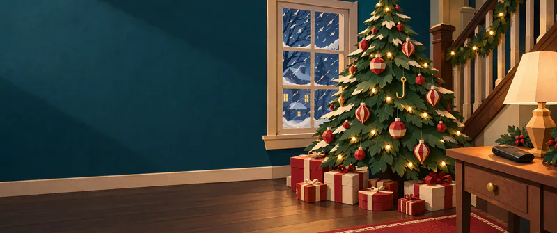 A paper Christmas tree with red baubles and an empty hook stands beside presents and a lamp-lit phone, with snow blowing past a hall window.
