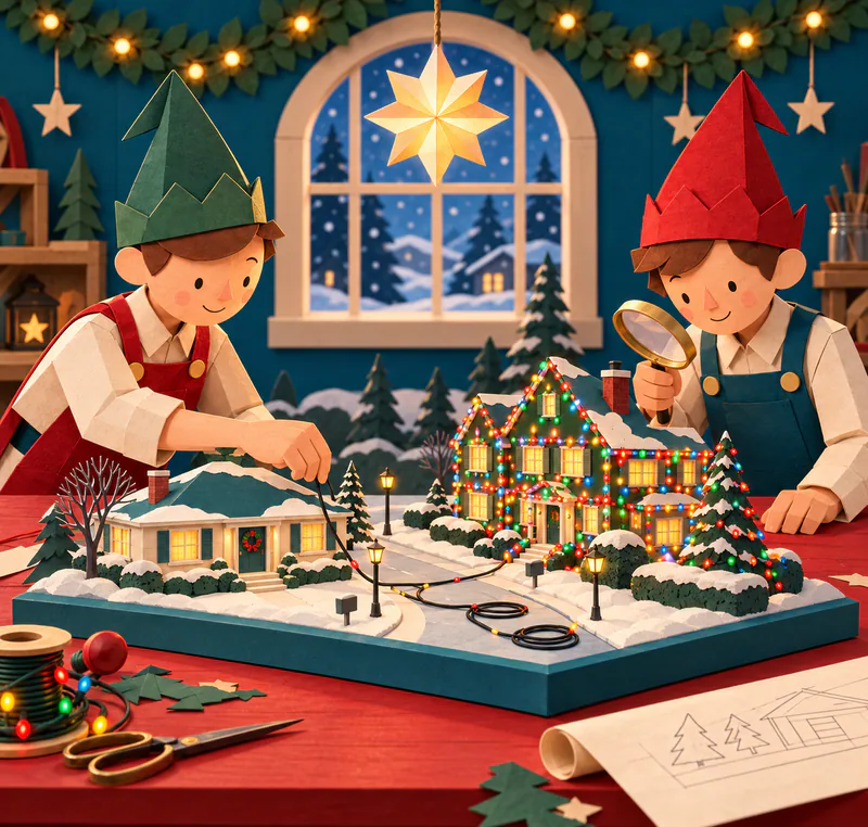 Two paper elves inspect miniature snowy houses, one covered in colourful lights and the other with a single wreath, with coiled cables across their model street.