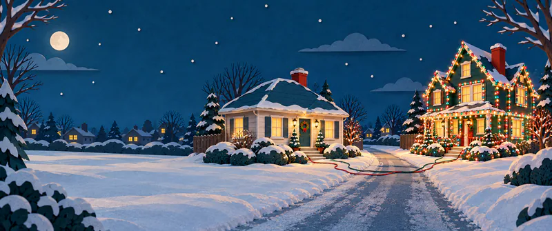 A cream bungalow with a single wreath faces a green house covered in multicoloured Christmas lights, with extension cables crossing the snowy road between them.