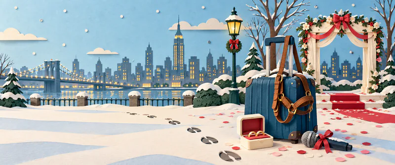 A brown halter hangs from a blue suitcase beside two gold rings and a microphone. Tracks cross the snow towards a glowing city skyline, with a festive wedding arch on the right.