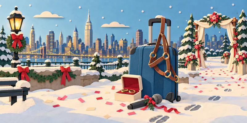 A blue paper suitcase with a brown halter stands beside wedding rings and a ribbon-tied microphone in the snow. A flower-covered arch and illuminated city skyline sit behind it.