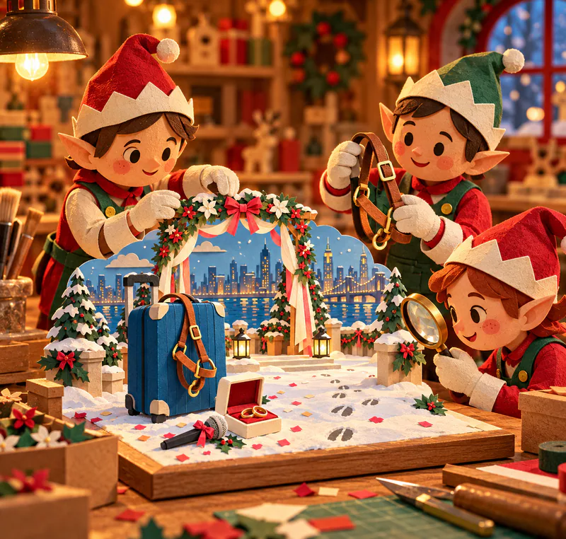 Three paper elves inspect a miniature snowy wedding scene on a workshop bench, adjusting a floral arch, holding a brown halter and studying the blue suitcase with a magnifying glass.